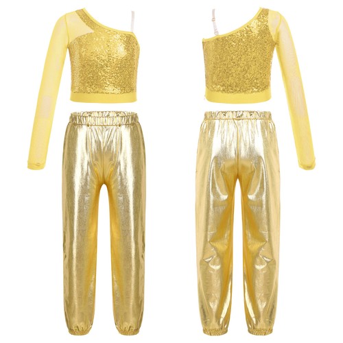 Kids Girl's Crop Top With Pants Performance Tracksuit Metallic Dance Outfit Gym - Picture 13 of 87