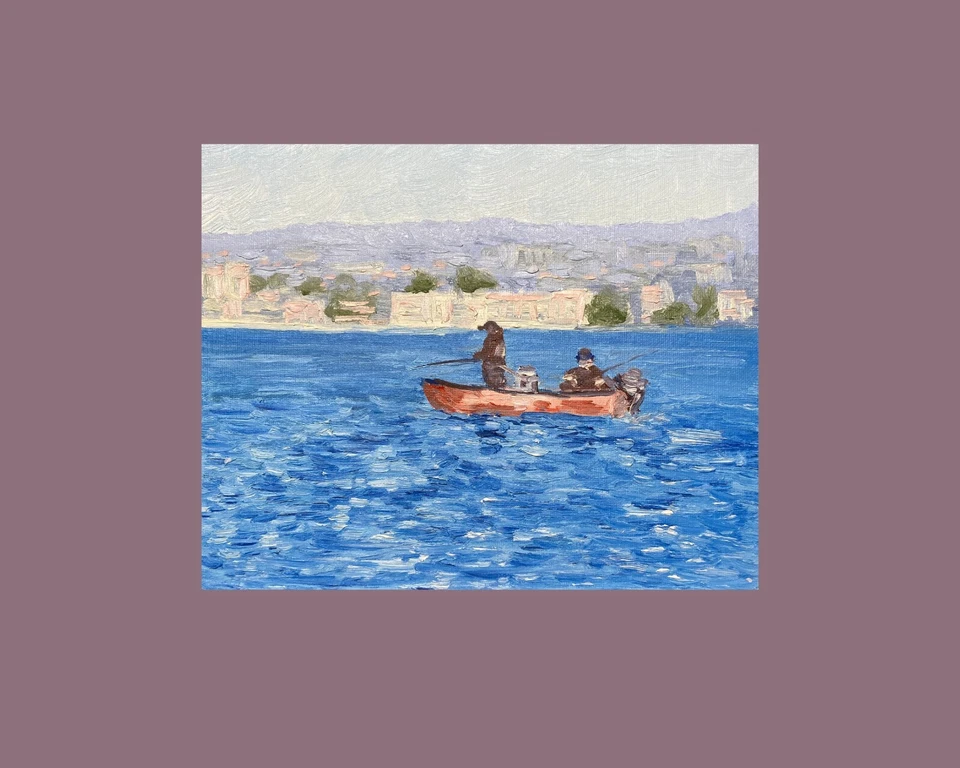 Llamativa pintura al óleo. Pesca Mission Bay.  Arte impresionista. Firmado. Foto 2 de 4