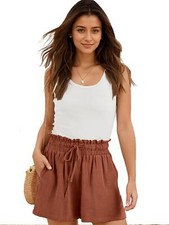 Womens Linen Shorts Summer Casual High Waisted Wide Leg Drawstring Loose Shorts