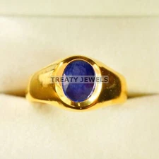 Blue Sapphire Oval Cut With 925 Sterling Silver Gold Plated Ring For Men #B599 *