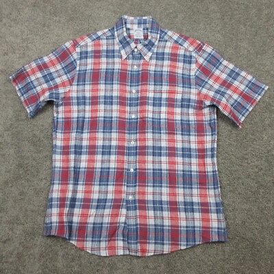 Brooks Brothers Shirt Mens Large Blue Plaid 100% Linen Regent Button Up Collared