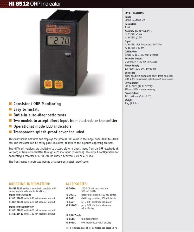 Hanna Instruments HI 8512E ORP Controller, 4-20 mA 刻录机输出 — 第 2/2 张图片