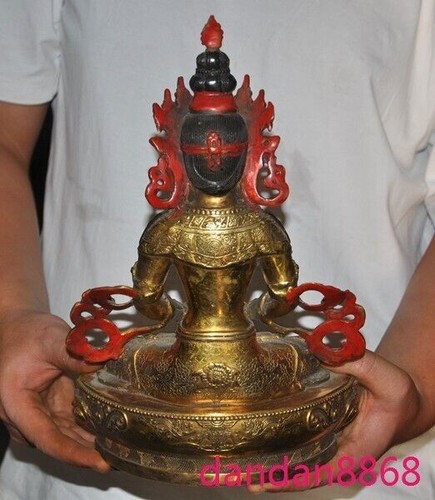 12"old China temple bronze Inlay Gem Gilt Amitayus longevity God Goddess statue - Picture 6 of 7