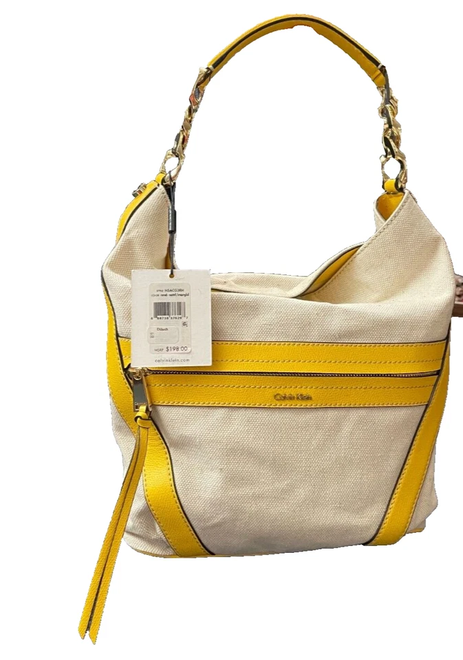 Calvin Klein Oatmeal Canvas Yellow Trim Shoulder Hobo Bag - Image 4 of 4