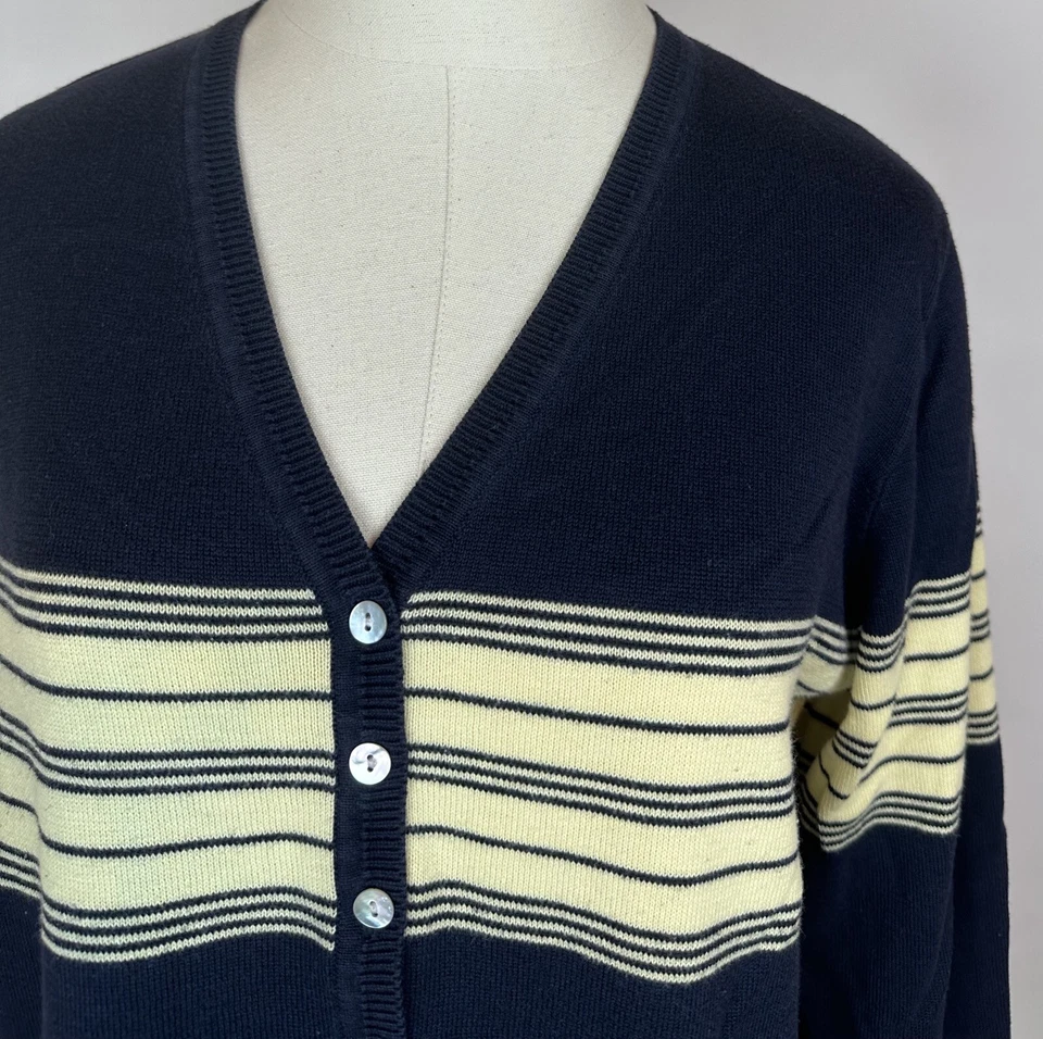 Cárdigan Suéter Vintage Años 90 Para Mujer M Azul Marino Amarillo Mantequilla Rayas Minimalista Foto 3 de 4