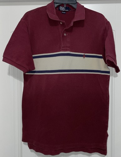 Vintage 90s Ralph Lauren Polo Maroon Striped Chest Casual Classic Collar MEDIUM
