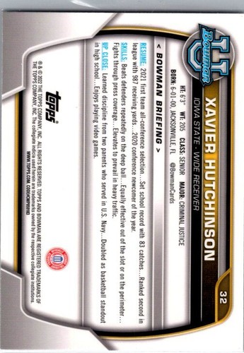 2022 Bowman Chrome University #32 Xavier Hutchinson - Picture 2 of 2