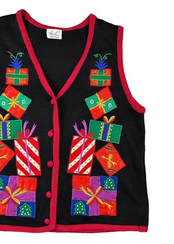 VTG Christmas Holiday Sweater Vest Button Up Embroidered Beaded Party M Presents - Picture 3 of 6