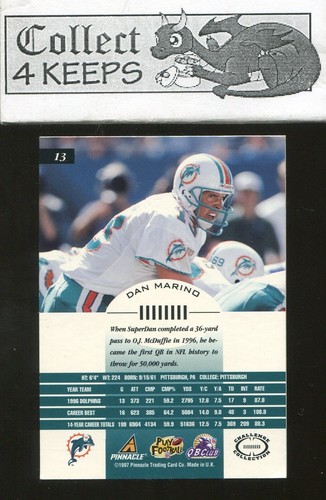 1997 Pinnacle Inscriptions #13 Dan Marino (Hof Miami Dolphins) Nrmt - Picture 2 of 2