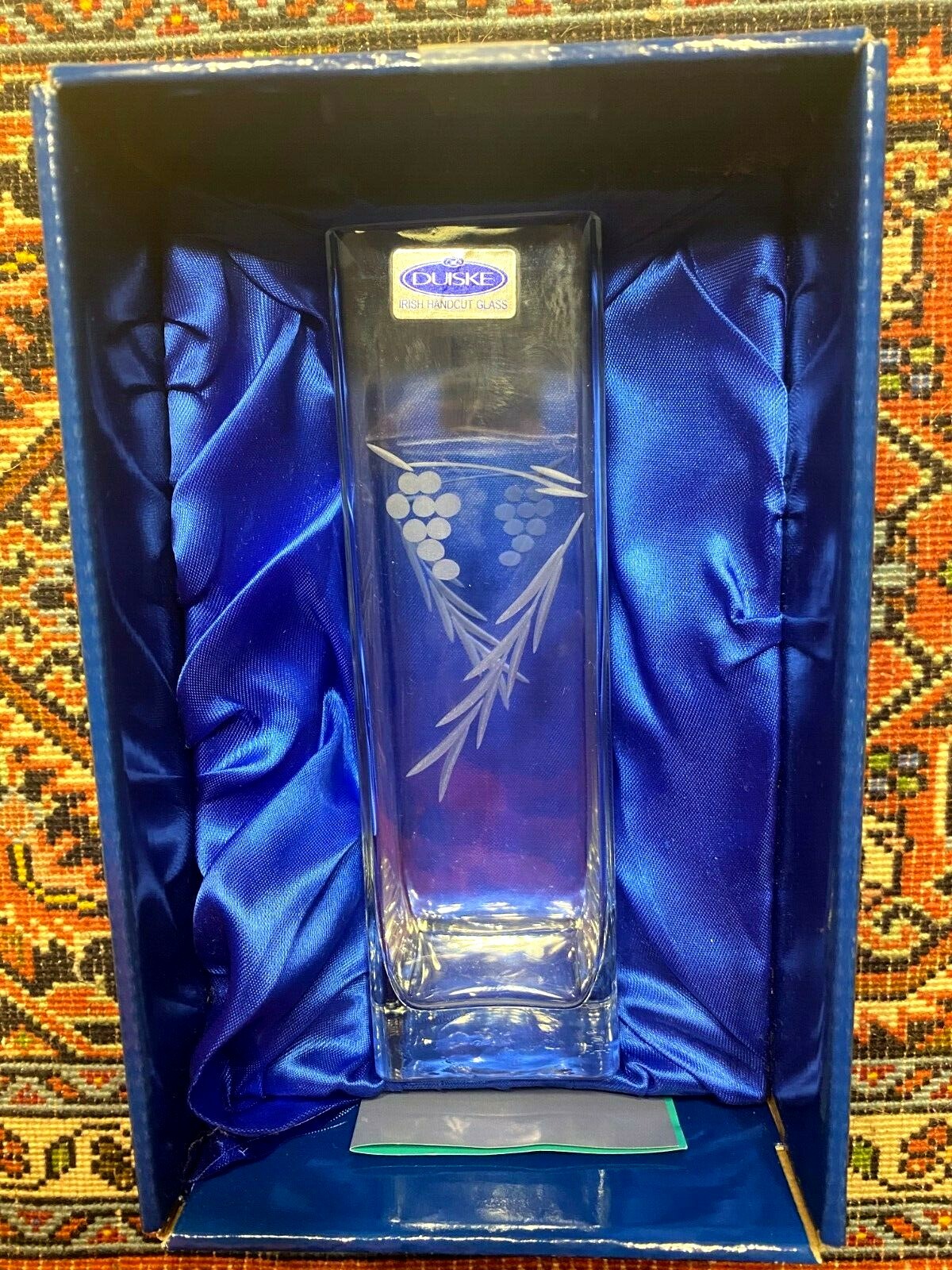 Duiske Irish Handcut Glass 7 1/4" x 2" Square Vase Grapes and Vine