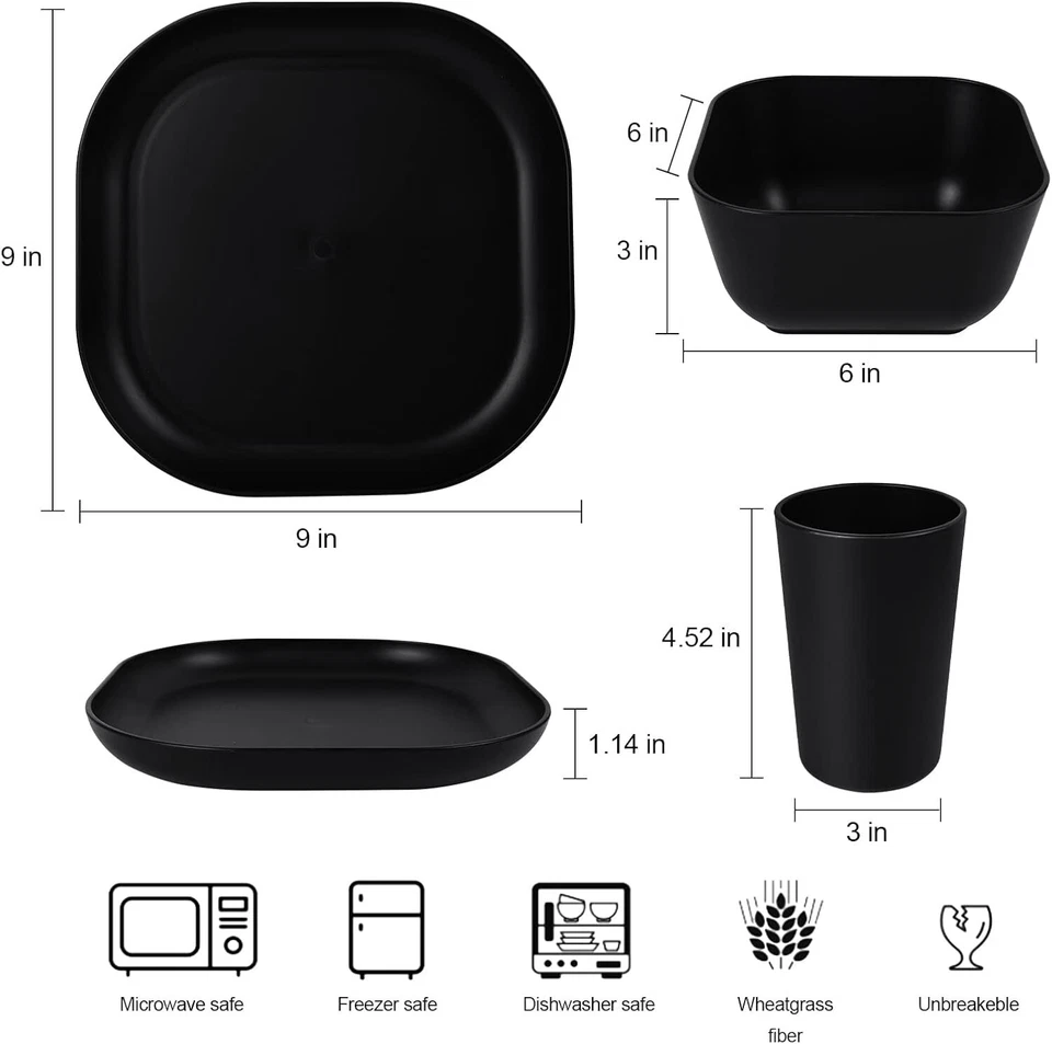 Квадратные наборы столовой посуды из пшеничной соломы 24 шт. для 4 небьющихся обеденных тарелок и... - Изображение 4 из 4