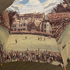 Vintage Large Umbrella Golf Course Golfing Scene Image Wooden Wood Handle Great!