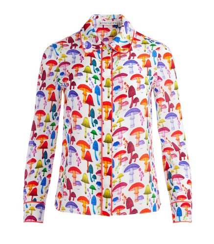NWT Alice + Olivia Willa Rainbow Magic Mushroom Print Shirt Blouse Piped Red S