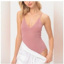 Ribbed Bodysuit V-Neck Crisscross Tie Back Sleeveless Mauve Bodysuit