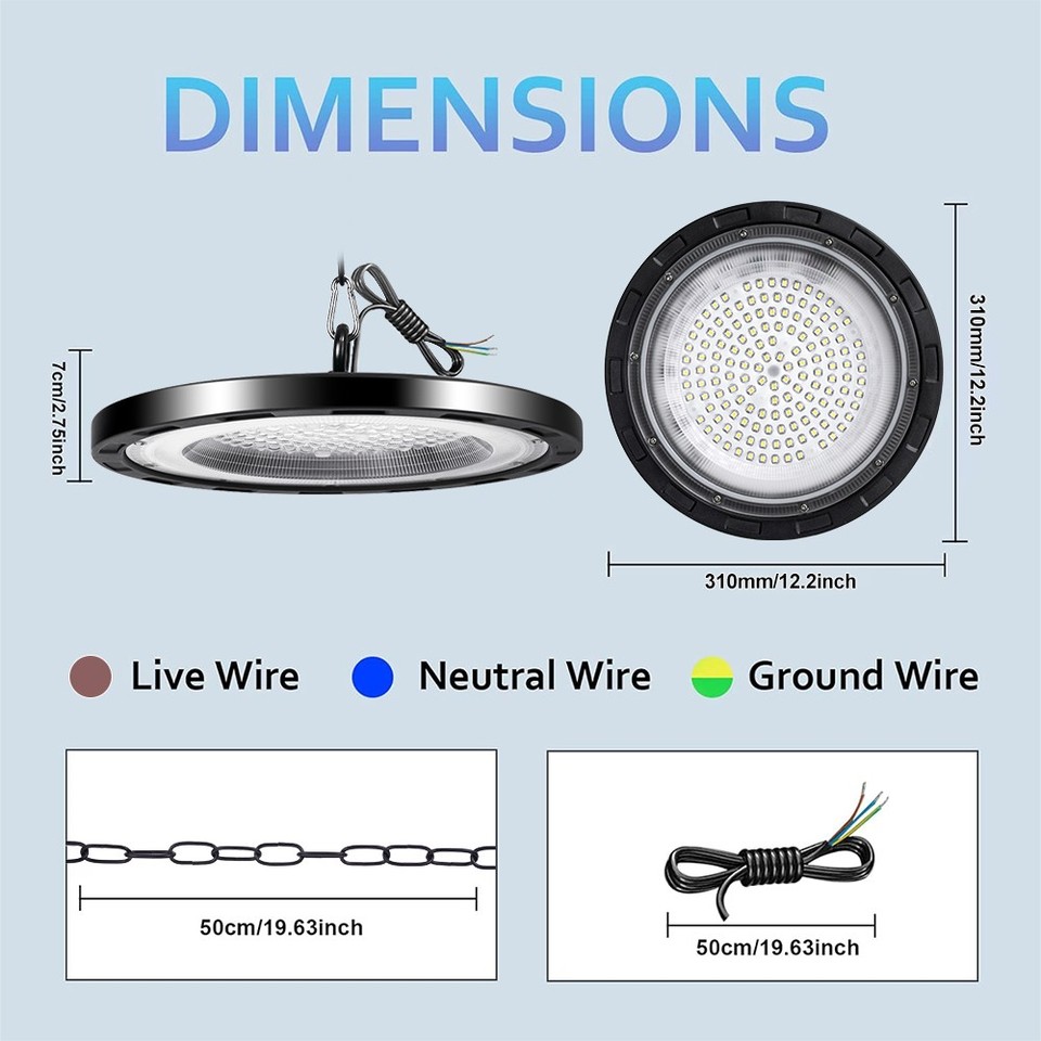 Projecteur LED Industriel UFO 50W à 800W, Haute Baie IP65, Lumière Blanche Froide Pour Atelier Ou Garage