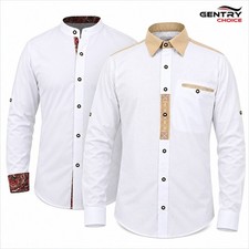 Men White Bavarian Shirt Band Collar Twisted Embroidery Oktoberfest Cotton Shirt