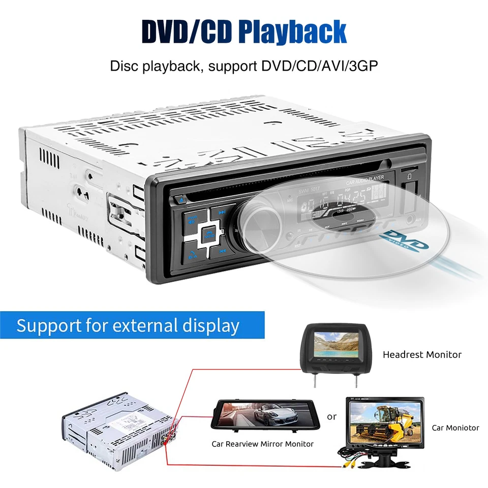 Single 1 DIN Car Stereo Bluetooth CD DVD Player FM AM RDS Radio MP3 USB AUX - Image 3 of 4