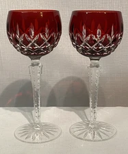 Pair AJKA Arabella Cut To Clear Hungarian Crystal Ruby Red Wine Glasses 8 1/4"