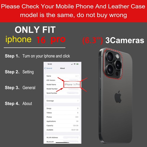 Leather Case Compatible with iPhone 16 Pro Wallet 6.3",Genuine Leather 2-in-1... - Picture 2 of 7
