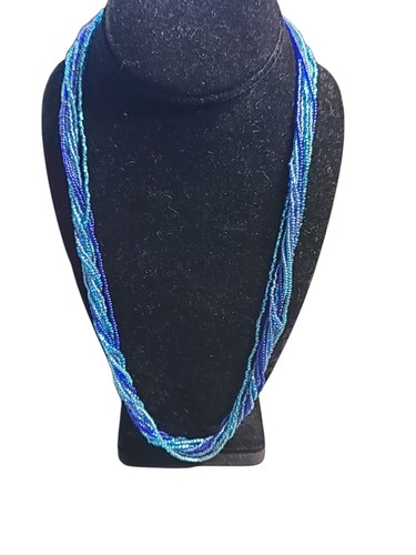 Vintage Glass Multi Strand Glass Seed Bead Necklace Small-Med Sizes, Blue White - Picture 2 of 5