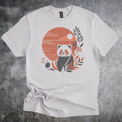 Red Panda Shirt Landscape Graphic Illustration Tshirt Cotton Tee Light Gray