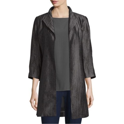 Eileen Fisher Silk Groove Open Front High Collar Coat Medium
