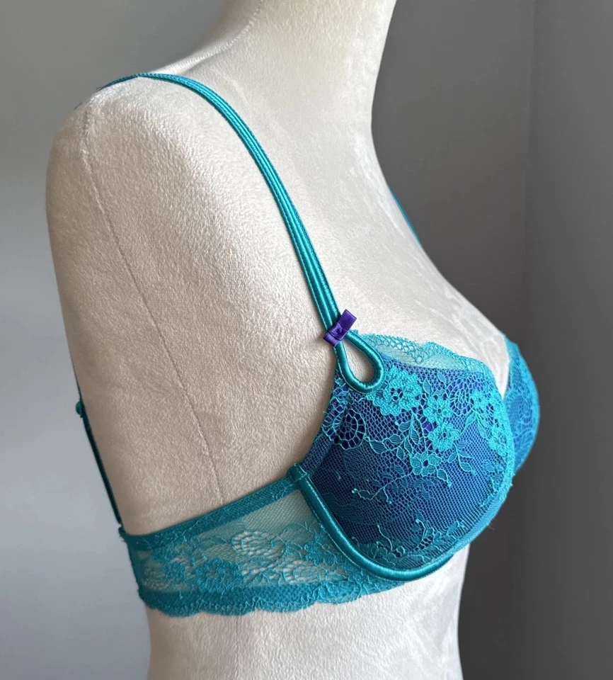 Victoria Secret Gorgeous 34B Lace Bra Turquoise Teal Sheer Floral Underwire Sexy - Image 2 of 4