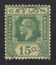 TIMBRE Ceylan 1921-1927 King George V 15c vert oblitéré
