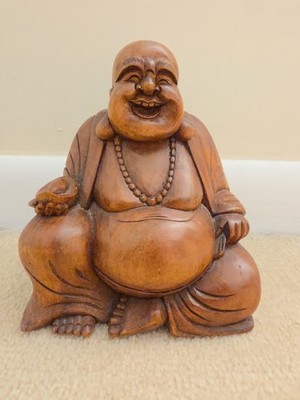 Laughing Happy Fat Buddha Statue Large Wood Figurine Hand Carved Decorative