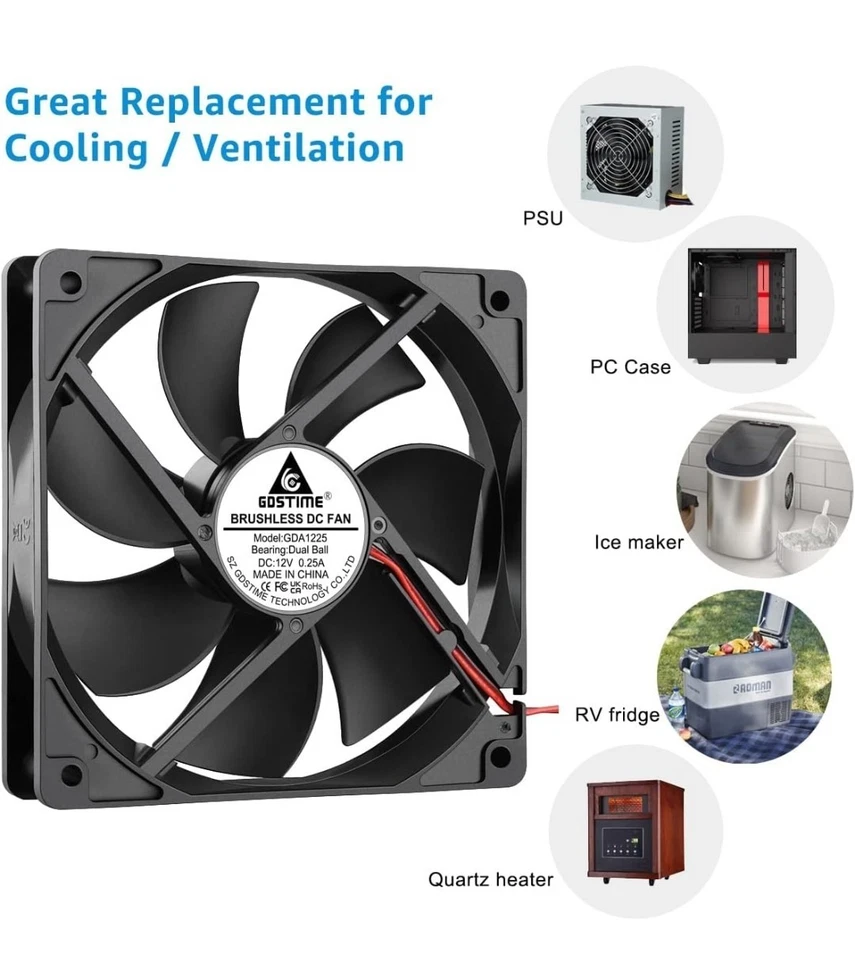 GDSTIME Dual Ball Bearings 120mm x 120mm x 25mm 5 inch 12v Brushless DC Cooling  - Image 2 of 4