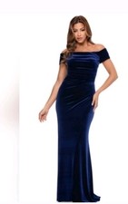 XSCAPE Velvet Off The Shoulder Midnight Blue Evening Gown Sz.4