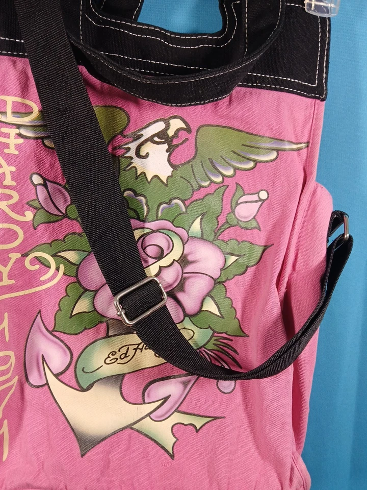 Ed Hardy  Tote Bag Canvas  Purse Hot Pink & Black Crossbody w / Double Handles   - Image 3 of 4
