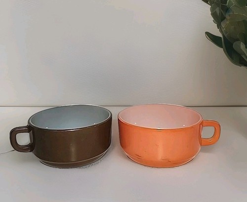 2er Set Anchor Hocking Fire King Orange Braun Suppentassen D Henkel Vintage