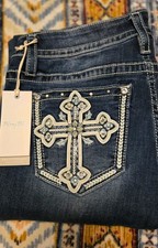 Miss Me Dark Blue Embroidered Cross Bootcut Stretch Denim Jeans Women