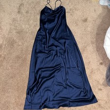 Unisex Satin Silk Navy Blue Sleepwear Lingerie Long Nightdress Nightgown Large