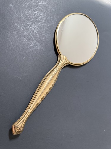 Vintage Victorian Style Vanity Hand Oval Mirror Gold on Silver Brushed Tone Back - Picture 2 of 19