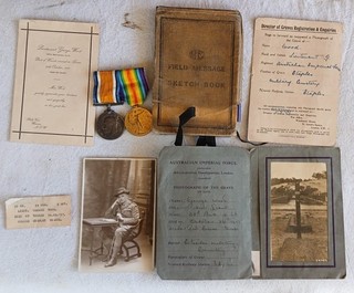 Australian WW1 medal pair to an Officer. DOW 1917. Photos note book. Scotch Col