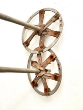 Pair Antique 47” Ski Poles 6” Large Baskets Leather  Straps Metal Shaft