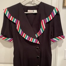 Penbroke Lane Dress Black With Rainbow Trim Size 12 Vintage Dress