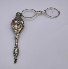Antique Art Nouveau Sterling Lorgnette Folding Eyeglasses W Iris Flowers. As Is