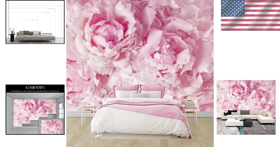 Elegante mural de papel tapiz floral rosa para dormitorio de niñas - tamaño personalizado disponible Foto 2 de 4