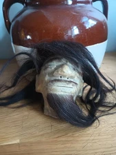 Vintage Tsantsa Shrunken Head Replica 1950-70s Goat Hide Real Hair Hand Stitched