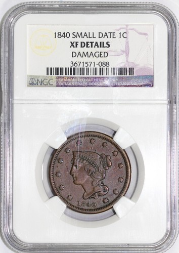 1840 1c N-3 Small Date Braided Hair Large Cent NGC XF Details Damaged - Picture 3 of 5