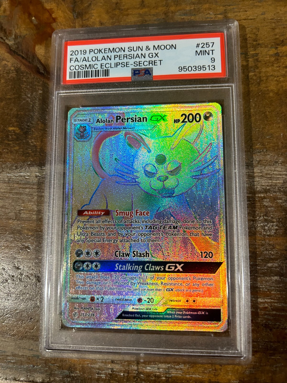 POKEMON 2019 SM Cosmic Eclipse Secret Full Art ALOLAN PERSIAN GX #257 PSA 9 Mint