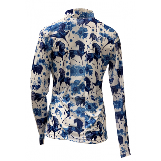 Equestrian Horse Show SHIRT LADIES Easy Care Blue Horse w/Flowers Sun