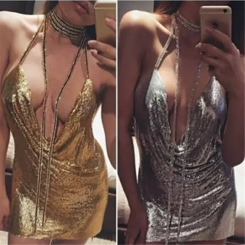 Rose gold sequin top chain choker mini dress