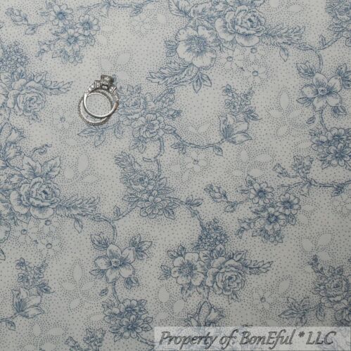 BonEful FABRIC FQ Cotton Quilt Antique White Blue Rose Bud Flower Farm House VTG