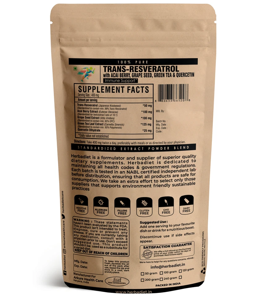 Resveratrol 97% Polvo Antioxidante Cardiovascular con Acai Té Verde Quercetina Foto 2 de 3