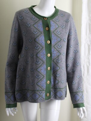 H. Moser Sz 42 10 12 Austria Green Gray Tracht Wool Sweater Jacket Cardigan