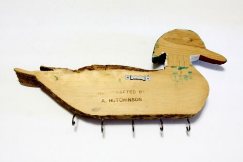 Colgador de pared vintage de madera de pato de 5 ganchos hecho a mano y pintado arte popular firmado - Imagen 2 de 4
